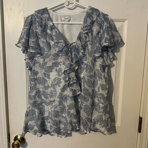 NWT CeCe Light Blue Floral Ruffle V-Neck Blouse